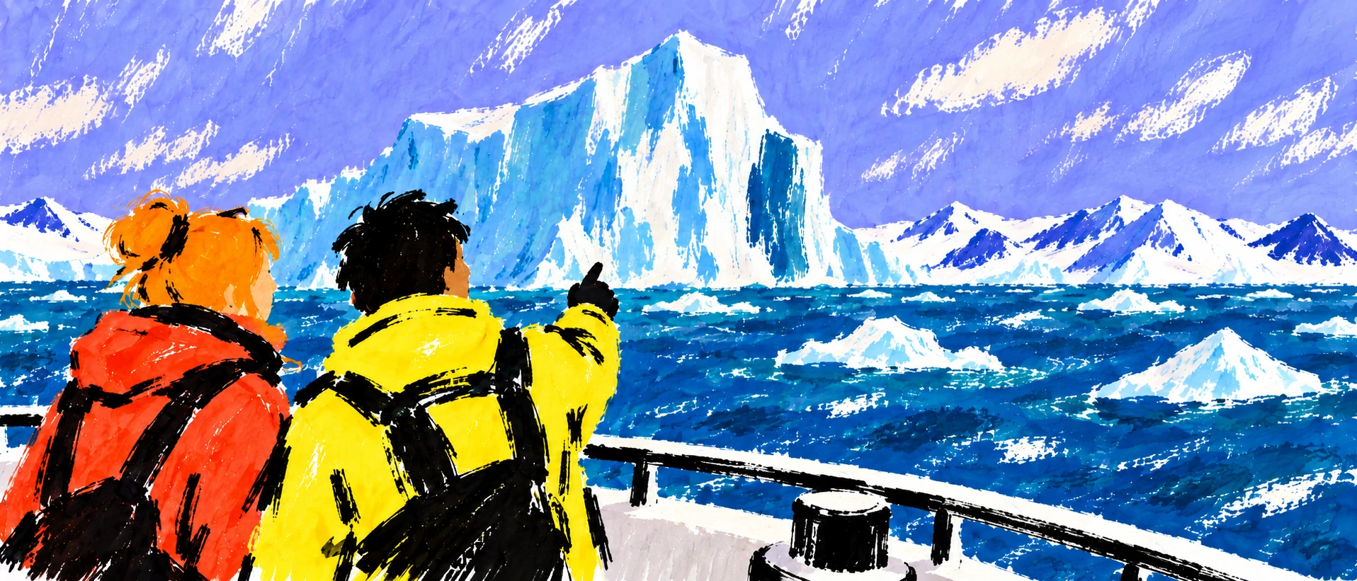 Two people looking out at Antarctic icebergs from a boat.