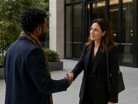 Two people meeting outside an office building.